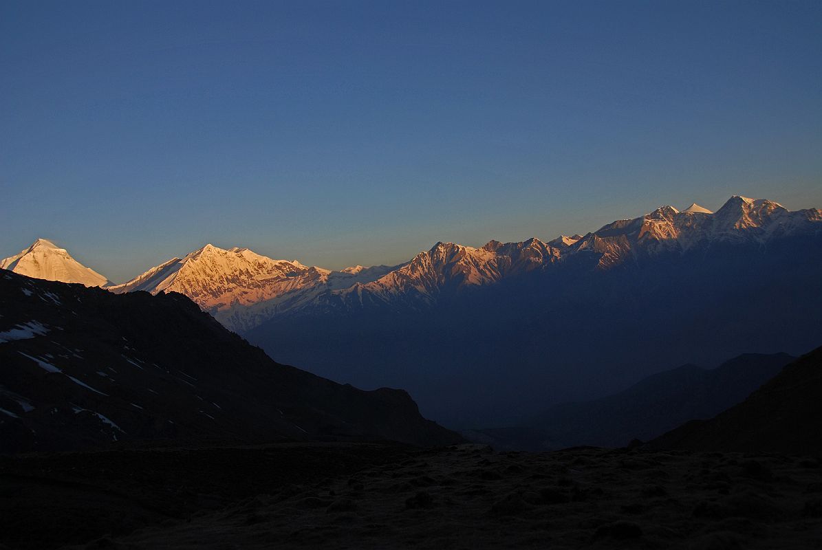 18 Dhaulagiri, Tukuche Peak, Dhampus Peak And Other 6000m Mountains At Sunrise From Camp Below Mesokanto La The sunrise view to Dhaulagiri, Tukuche Peak, Dhampus Peak and other 6000m mountains was magnificent from the camp just below the Mesokanto La.